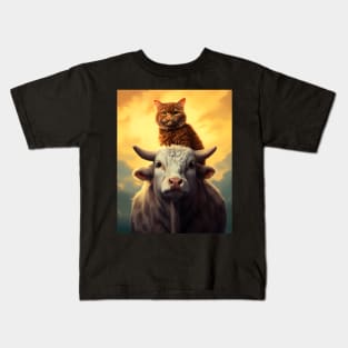 Feline Meets Bovine: Charming Cats and Cows Kids T-Shirt